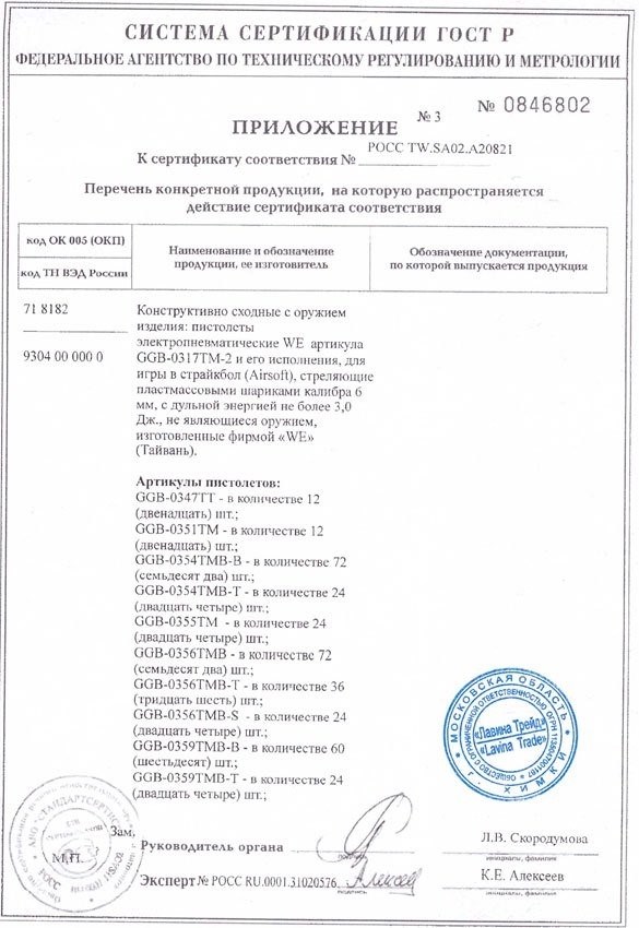 Фотография сертификата на пневматическое оружие №1.