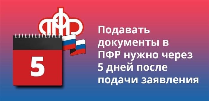 Необходимо представить документацию в Пенсионный фонд в течение пяти календарных дней, начиная с момента подачи заявления.