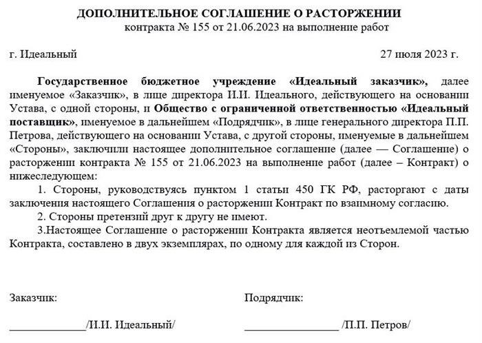 Пример соглашения об одностороннем прекращении контракта в соответствии с требованиями Федерального закона № 44